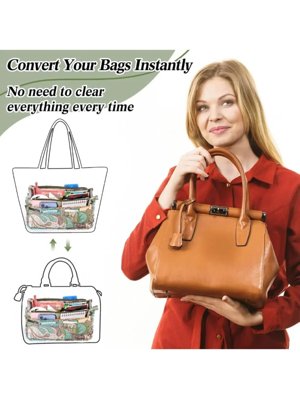 2 Pcs Peacock Flower Handbag Organizers - 13 Pocket Tote Insert for Women